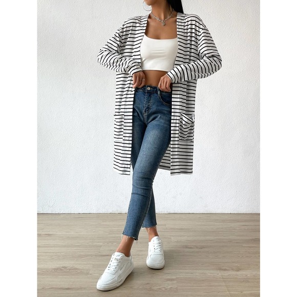 Striped  Open Front cardigan sweater white - Picture 5 of 6